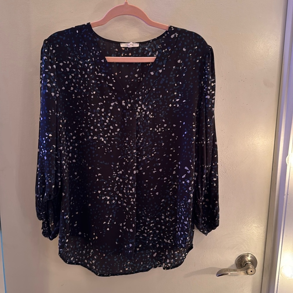 Black, with blue, teal, white dots, vneck blouse